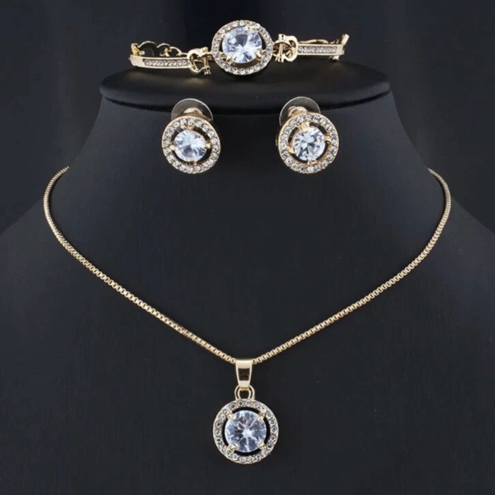 3Pcs Gold Zinc Alloy Wedding Jewelry Set Earrings, Necklace and Bracelet